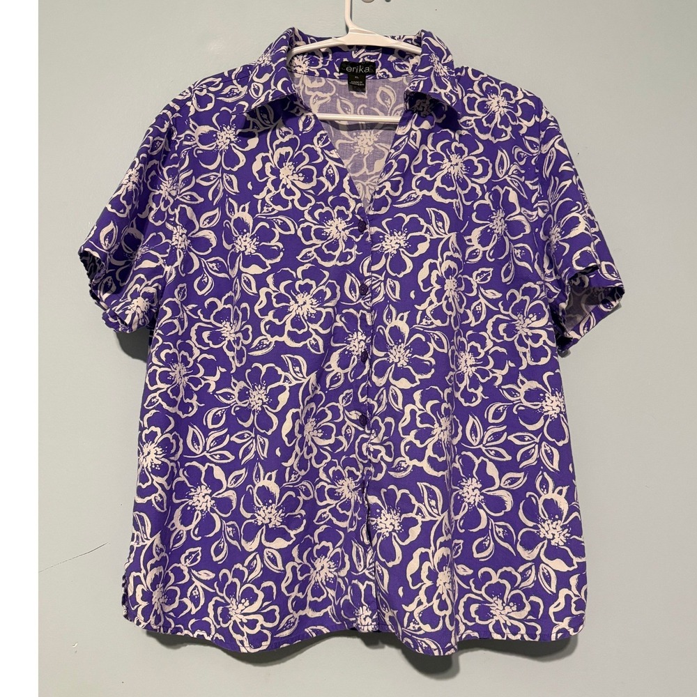 Erika Women's XL Purple White Floral Button Down Shirt Cotton Rayon 1566